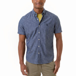 SHORT SLEEVE SLUB CHAMBRAY WOVEN SHIRT